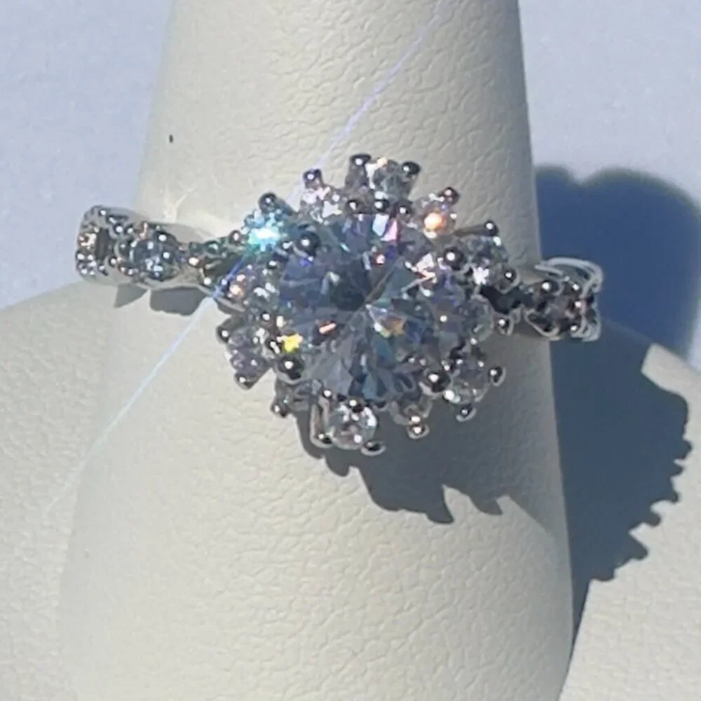 Adjustable Silver Ring W/ 2.0 Ct Diamond Simulate & Moissanite Elegant